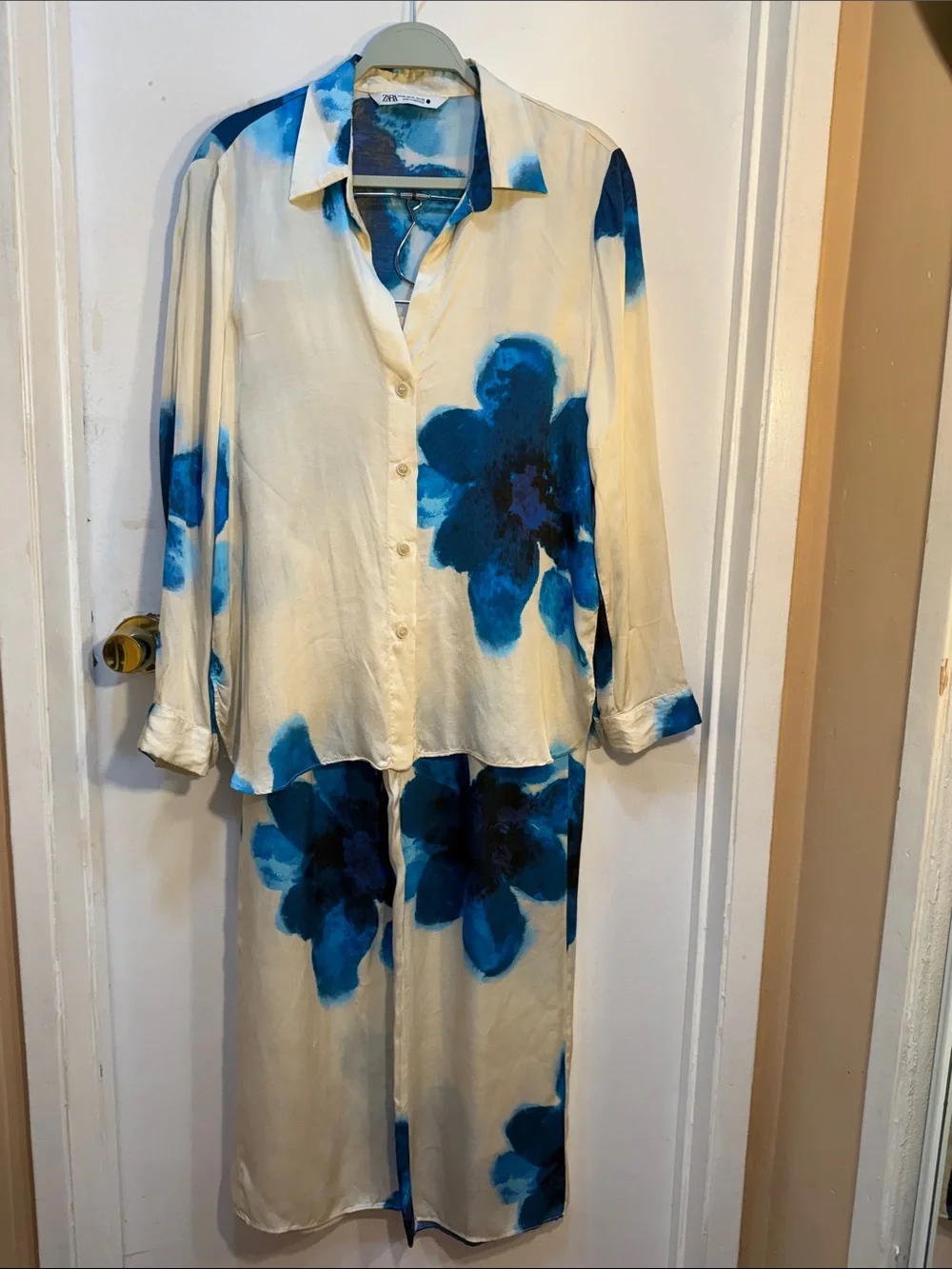 Zara Ivory and Blue Floral Viscose Two Piece Set